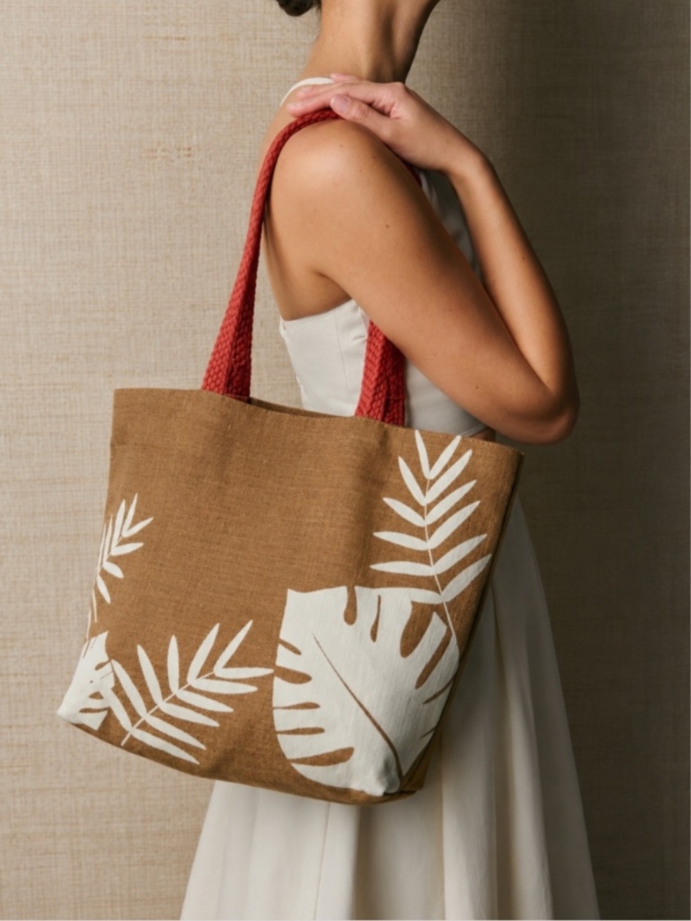 Vichy Medium Jute Tote Bag with Tropical Leaf Print and Orange Handles